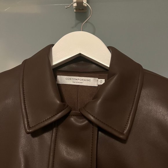 Contemporaine by Simons - Shirt-Collar Faux-Leather Jacket - Brown - Picture 3 of 7